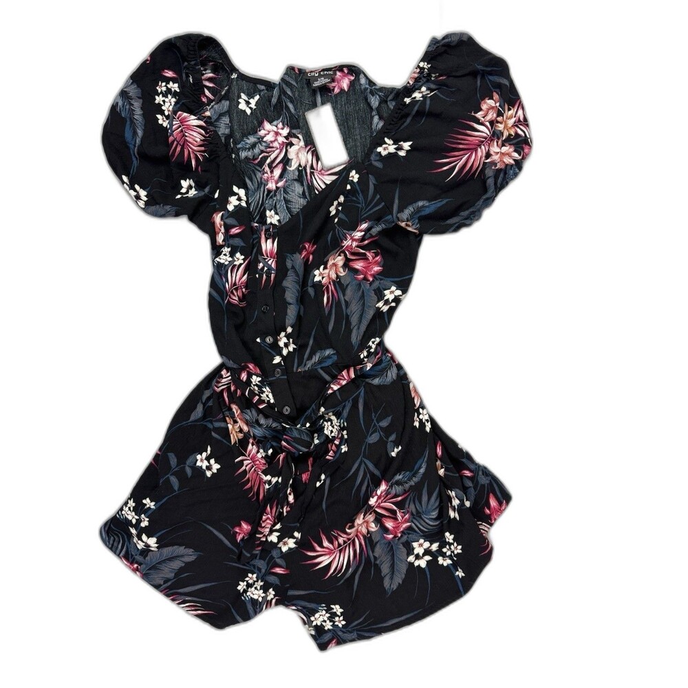 City Chic Size S/ 16 Womens Romper Playsuit Black Floral Button Front Belted